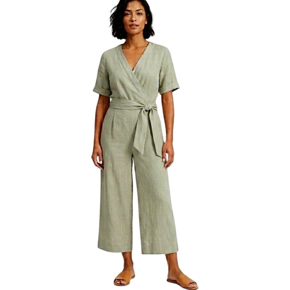 Everlane Linen Wrap Jumpsuit Womens 4 Sage Green Short Sleeve Wide Leg Belted